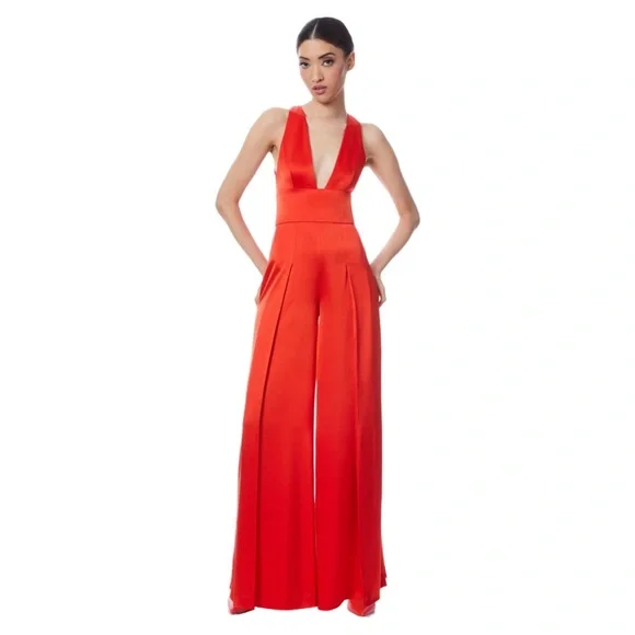 NWT!! Alice + Olivia Myrtle Deep V-Neck Wide Leg Jumpsuit  Chili Pepper Red - 8 - Picture 14 of 15